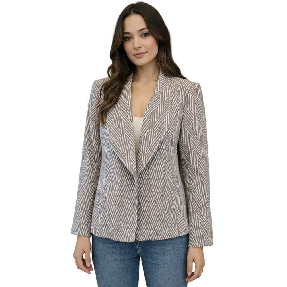 Chicos Taupe Geometric Blazer Open Front Long Sleeve Medium